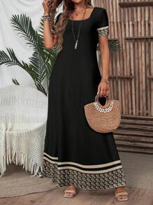 EMERY ROSE Đầm maxi dài tay ngắn cổ vuông in họa tiết, đầm hoa mùa hè dáng rộng phong cách Boho phù hợp đi chơi, đầm thanh lịch, đầm thường ngày. - Nhiều màu - Xem 2