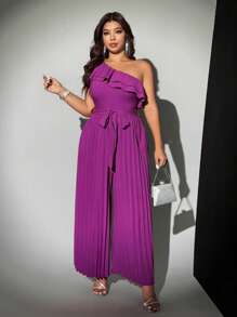Viva Relle Plus Size Solid Color Asymmetrical Shoulder Backless Double Ruffle Asymmetrical Neck Sleeveless Pleated Elegant Jumpsuit - Purple - View 5