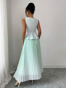 Breezaya 2pcs/Set Elegant Solid Color Twist Front Tank Top And Pleated Skirt, Summer - Mint Green - View 2