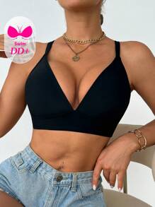 Swim DD+ 女士夏季海滩纯色性感 DD+ 无钢圈比基尼上衣 - 黑色 - 查看 6