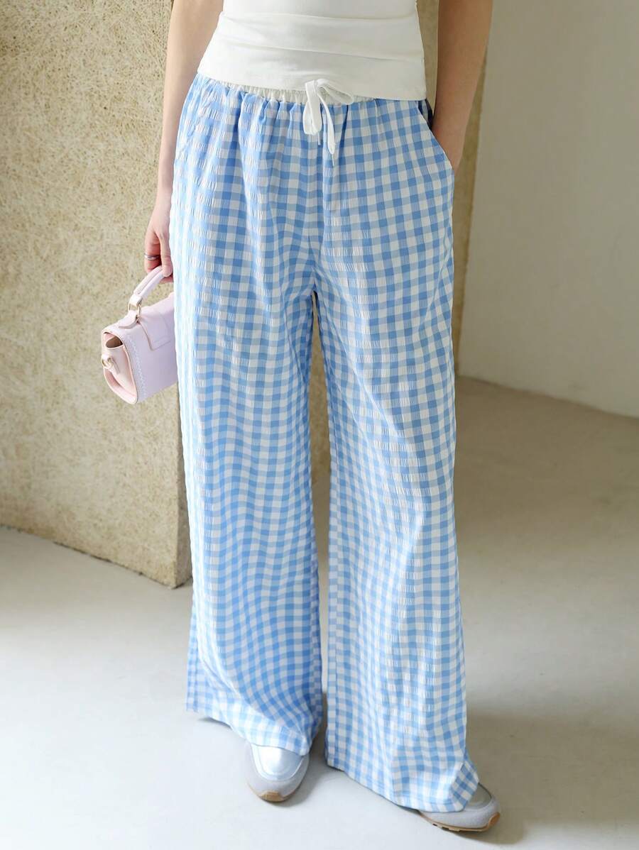 少女格子腰带口袋宽松直筒裤 - 藍色 - 查看 1
