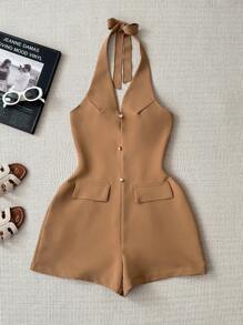 INAWLY Solva Women's Solid Color Halter Backless Tight Sleeveless Jumpsuit For Summer - Khaki - View 1