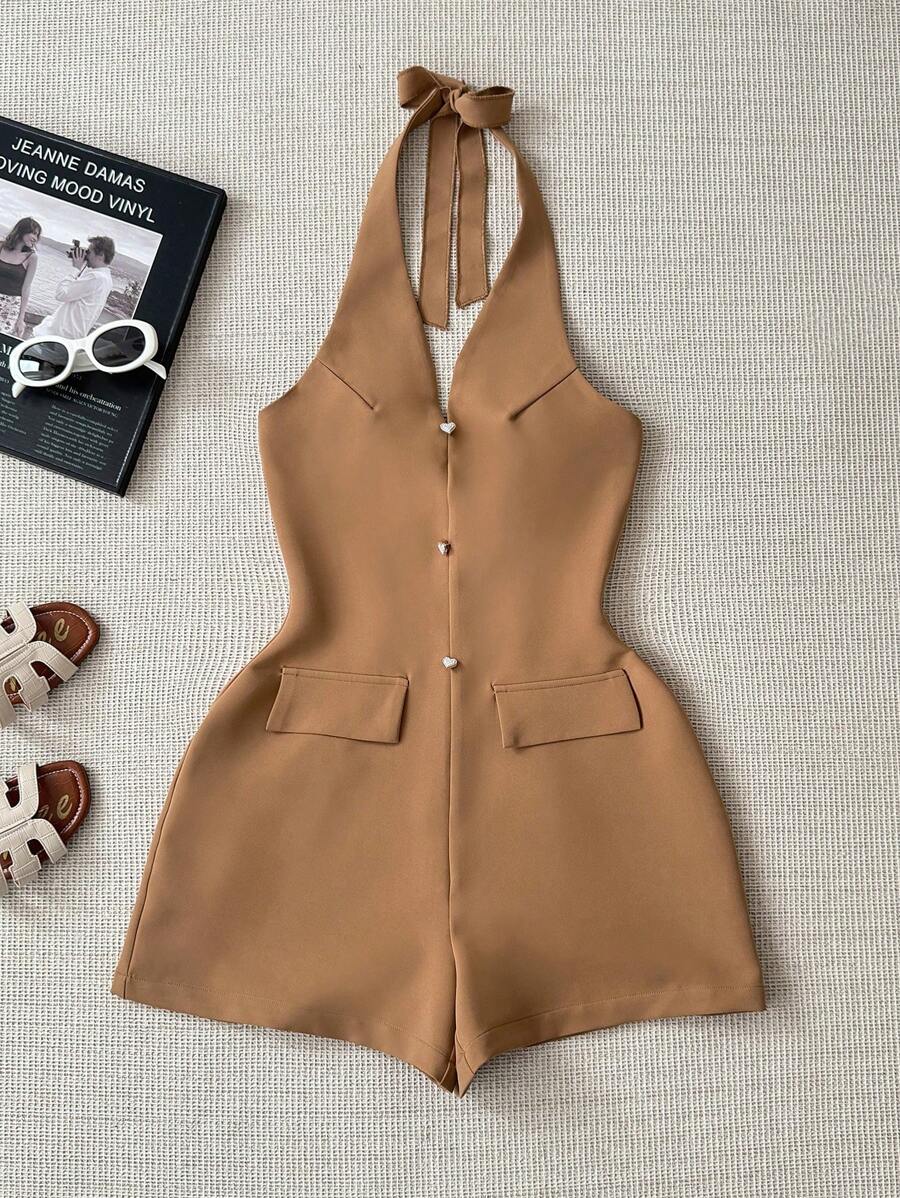 INAWLY Solva Women's Solid Color Halter Backless Tight Sleeveless Jumpsuit For Summer - Khaki - View 1