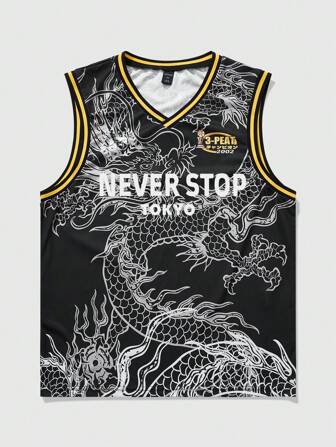 Men's Casual Letter & Dragon Graphic Round Neck Loose Fit Sleeveless Tank Top, Summer