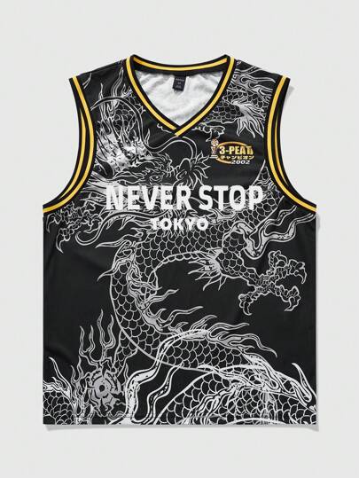 Anime ملابس علوية صيفي بلا أكمام واسع بطبعة رمز وتنين على الرقبة المستديرة للرجال