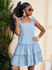 SHEIN Leap Crew Vestido casual holgado con línea A, manga de volantes y decoración de lazo para adolescentes, para primavera/verano - Celeste - Ver 6