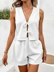 SHEIN VCAY Casual Minimalist Resort Style 2 Pieces Set With Ribbon Tie Bow Decor, Suitable For Summer,Cute Summer  Set,European Summer - Multicolor - View 4