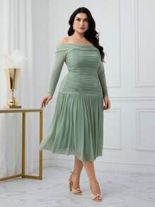 Modelyn 大码女式露肩长袖荷叶边优雅连衣裙 - 綠色 - 查看 4