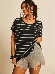 Freevana Áo thun cổ tròn tay ngắn họa tiết sọc cầu vồng Boho cỡ lớn, thường ngày khi đi nghỉ, dành cho mùa hè - Đen và trắng - Xem 3