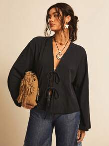 Freevana 大码休闲纯色编织喇叭袖宽松常规女式衬衫，喇叭袖上衣 - 黑色 - 查看 1