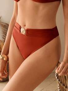Elaire Women Summer Beach Solid Color Metal Decor Sexy Bikini Bottom - Mocha Brown - View 6