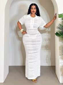 Slaydiva 复活节波西米亚风休闲轻盈纯色翻领前扣短袖修身镂空针织长裙，优雅浪漫，适合春夏季、海滩、日常穿着，加大码 - 白色 - 查看 6