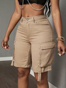SHEIN CURVE+ 大码女式无弹力牛仔百慕大短裤，欧美风格优雅短裤，夏季美式复古休闲工装短裤 - 卡其色 - 查看 4
