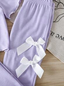 SHEIN Vintaside Kids 2pcs/Set Young Girl Bow Decor Short Sleeve T-Shirt And Shorts Casual Outfit, Summer - Mauve Purple - View 7