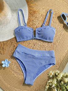 KARISMINA Conjunto de bikini a rayas, sexy y de verano para mujer - azul real - Ver 1