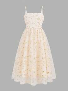 SHEIN Leap Crew Tween Girl Elegant Floral Embroidery Splicing Mesh Cami Midi Dress - Mustard Yellow - View 5