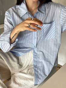 DAZY 休闲条纹宽松女式通勤衬衫 - 藍色 - 查看 6