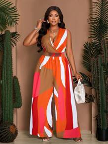 SOLERSUN Plus Size Women's Sleeveless Leaf Floral Print Elastic Waist V-Neck Jumpsuit, Suitable For Spring And Summer Vacation And Daily Wear, Jumpsuit - Orange - View 1