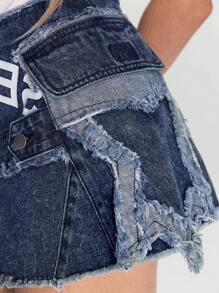 ROMWE Street Life Y2K 朋克流行垃圾摇滚口号印花复古水洗牛仔迷你裙 - 藍色 - 查看 5