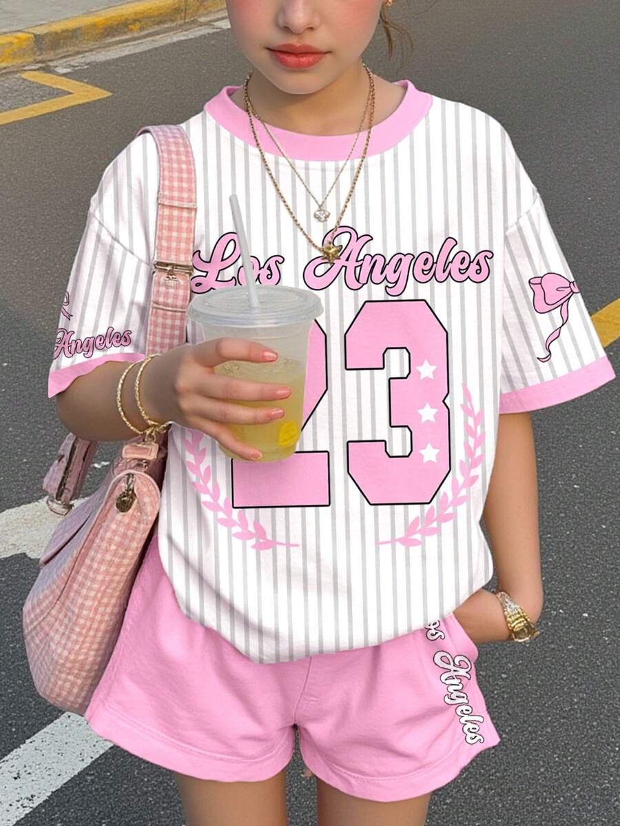 SHEIN Leap Crew 2pcs/Set Teen Girl Casual Glitter Bowknot Striped Letter Graphic Print Round Neck Short Sleeve T-Shirt And Shorts Set, Suitable For All Seasons - Summer Outfits For Easy Comfort, Autumn Layers For Kids, Stylish Kids, Casual Wear, Graphic Clothes, Back To School, Fall Clothes, Homecoming - Multicolor - View 1