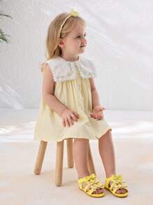 SHEIN 1 Pair Summer Fashion Light Yellow Bow Princess Girl Cute Comfortable Versatile Flat Baby Sandals/Roman Sandals - Yellow - View 3