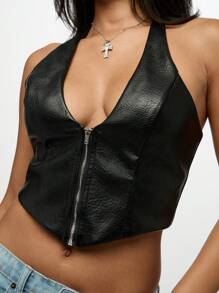 SUMWON WOMEN Parte superior tipo corsé con cuello halter de piel sintética, cierre delantero con cremallera, para club, festival, fiesta nocturna, chaleco con gargantilla con tachuelas