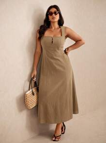 Elaquor Đầm suông không tay màu trơn thường ngày cỡ lớn cho kỳ nghỉ - Màu Khaki - Xem 4