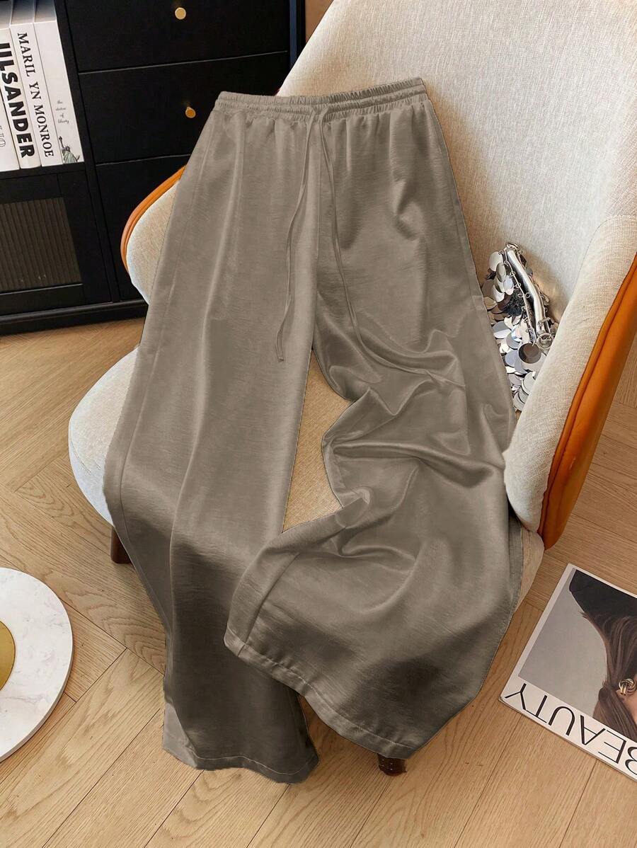 SHEIN Franclia Quần dài nữ màu trắng ống đứng giản dị, thanh lịch, dệt bóng, cạp rút dây, mùa xuân/hè - Màu Khaki - Xem 1