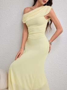 Modelyn Women's Extra Long Asymmetrical Ruched Knitted Slit Shoulder Bodycon Mesh Dress, Elegant & Charming, Light Yellow, Spring/Summer Yellow One Shoulder Ruched Dress - Light Yellow - View 6