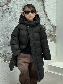 DAZY Abrigo acolchado de estilo coreano casual, suelto y de longitud media con capucha para niños pequeños - Negro - Ver 1