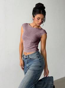 Siren Gaze 女士休闲条纹修身宽肩T恤，夏季 - 酒紅色 - 查看 8