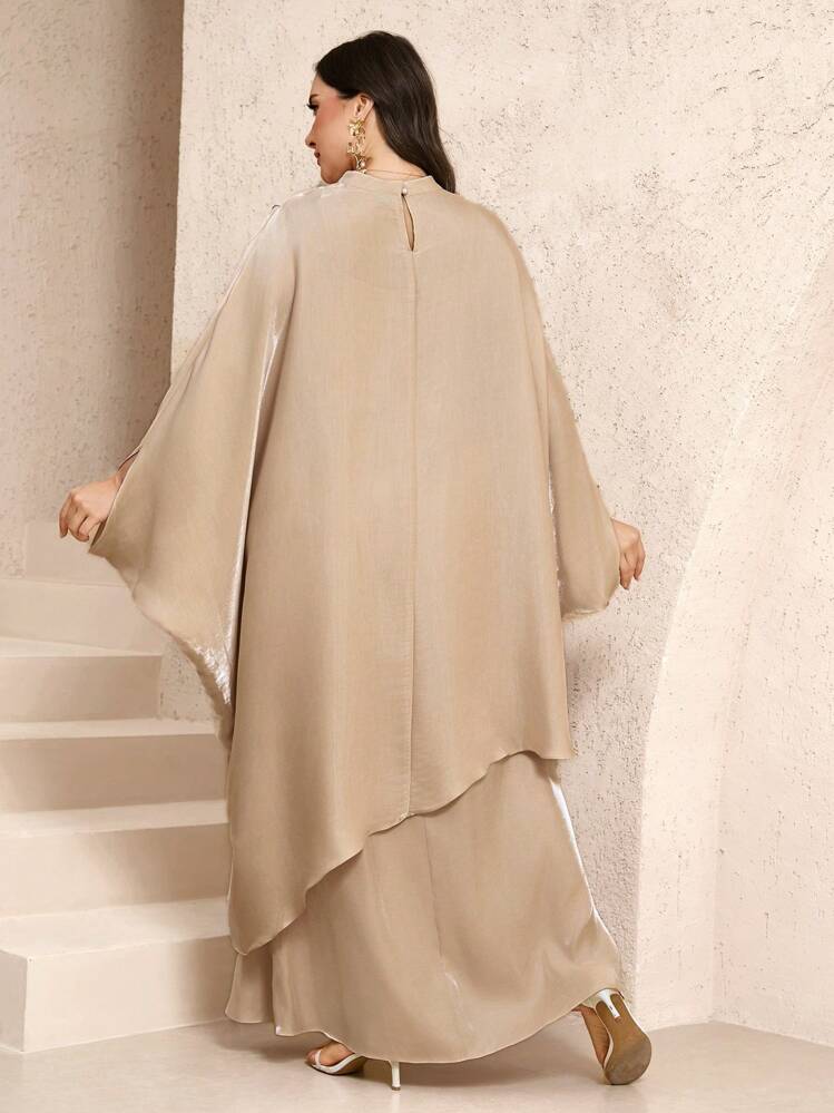 Veilorie Gaun Maxi Acara Istimewa Sederhana Saiz Besar Dalam Kolar Berdiri Emas Apricot Lengan Panjang Dan Pakaian Rekaan Kain Tenun Elegan Dengan Cape - Aprikot - Lihat 2