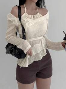 DAZY Áo thun nữ tay dài thiết kế bo gấu xếp nếp, dây đeo vai cho nữ - Màu be - Xem 3