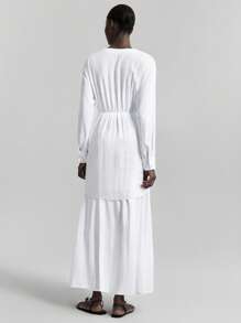 Ontre White Autumn Effortless Chic Elegant Vacation Women V-Neck Drop Shoulder Long Sleeve Waist Tie Casual Versatile Maxi Dress For Daily Easter Wedding - White - View 2