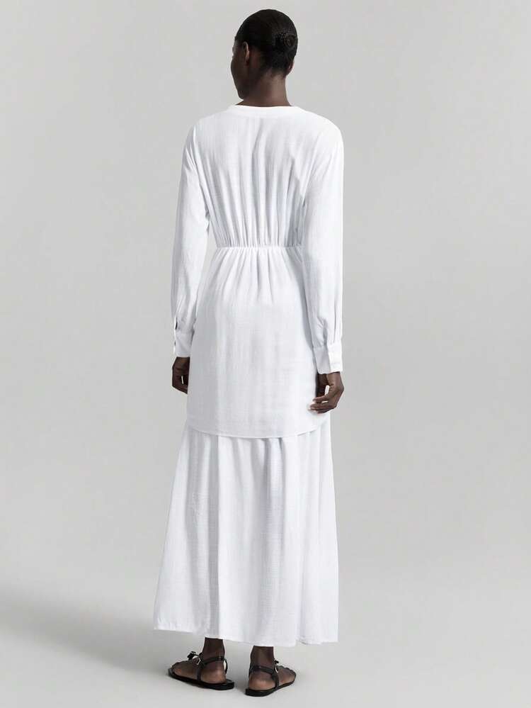 2025 Spring/Summer Women V-Neck Drop Shoulder Long Sleeve Waist Tie Casual Versatile Maxi Dress, Suitable For Daily, Easter, Summer, Elegant, Vacation, Wedding Events