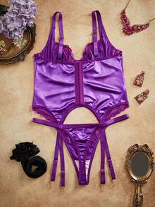 4 件加大码性感缎面蕾丝鱼骨开叉丁字裤，紫色和黑色，复古宫廷风内衣，狂野风 - 紫色 - 查看 6