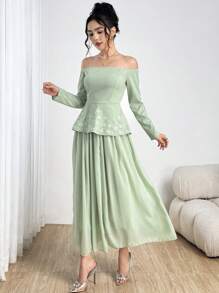 Modelyn 2pcs Women's One-Shoulder Embroidered Waist-Cinching Blouse Set, Elegant Style