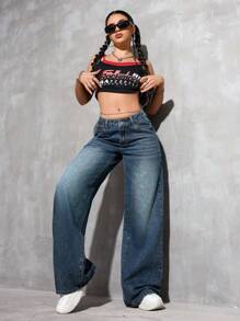 SHEIN PETITE Pantalones vaqueros anchos con pierna acampanada, bolsillos y estilo informal y holgado para mujeres - azul real - Ver 5