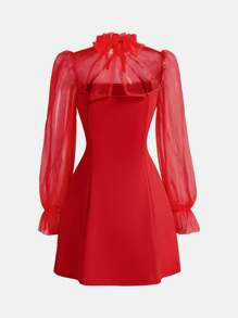 SHEIN 青少年女孩撞色网眼喇叭袖蝴蝶结纯色 A 字连衣裙，适合返校季日常穿着、休闲场合、优雅派对、生日派对 - 紅色 - 查看 2