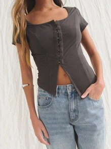Nöista Women's Dark Grey Summer Chic Short-Sleeved Top,Highly Elastic Knitted Fabric,Square Collar,Metal Button,Cross Slit Hem,Night Out Modern Style - Dark Grey - View 3