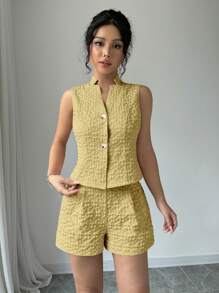 Elenzga 2pcs/Set Women Solid Color Jacquard Sleeveless Shirt And Loose Shorts, Summer