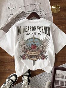 INAWLY Women's Casual Round Neck Short Sleeve Letter Wing Print T-Shirt, Summer - White - View 6