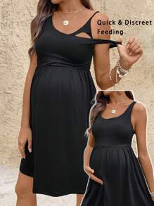 SHEIN Váy bầu màu trơn có chức năng cho con bú - màu đen - Xem 4