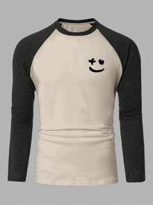 EURMUSE Men's Contrast Color Patchwork Print Raglan Sleeve T-Shirt - Beige - View 3