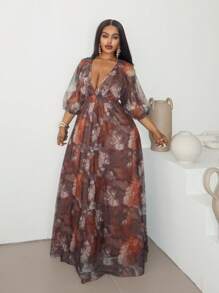 Maweii Summer Plus Size Elegant Fitted Mesh Printed Dress