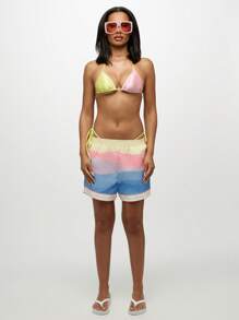 SUMWON WOMEN Pull On Beach Shorts Summer Festival Rainbow Print Board Shorts Resort Wear High Waisted Drawstring Swim Cover Up - Multicolor - View 3