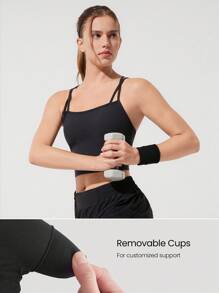 GLOWMODE Sutien sport FeatherFit™-Sculpt Double Dose Compressive, cupe detașabile, cu doză dublă, fără cupe, pentru alergare, jogging, antrenament, sală de sport, impact mediu - Negru - Vizualizare 3