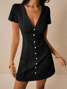 Poéselle 女士优雅纯色前扣迷你连衣裙，夏季 - 黑色 - 查看 3