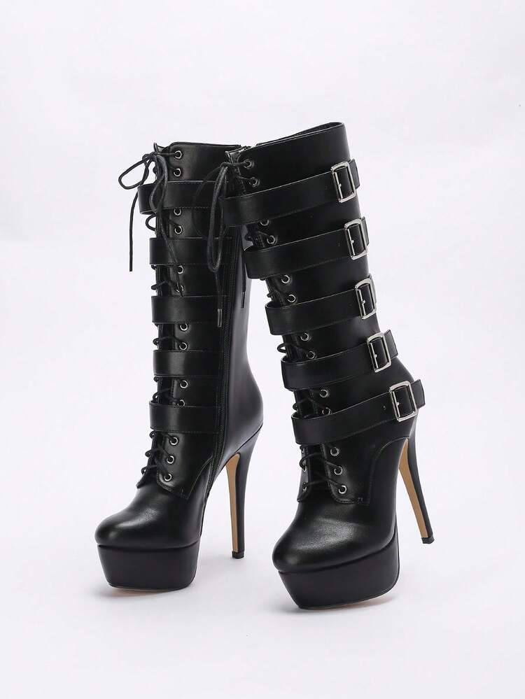CUCCOO LuxiPop レースアップ プラットフォーム ミッドカーフブーツ、セクシーでファッショナブルなナイトクラブスタイル、春夏、バケーション、トラベル、2000年代スタイルに適しています