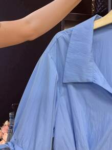 Sunspun 大码女式夏季休闲纯色泡泡袖修身衬衫